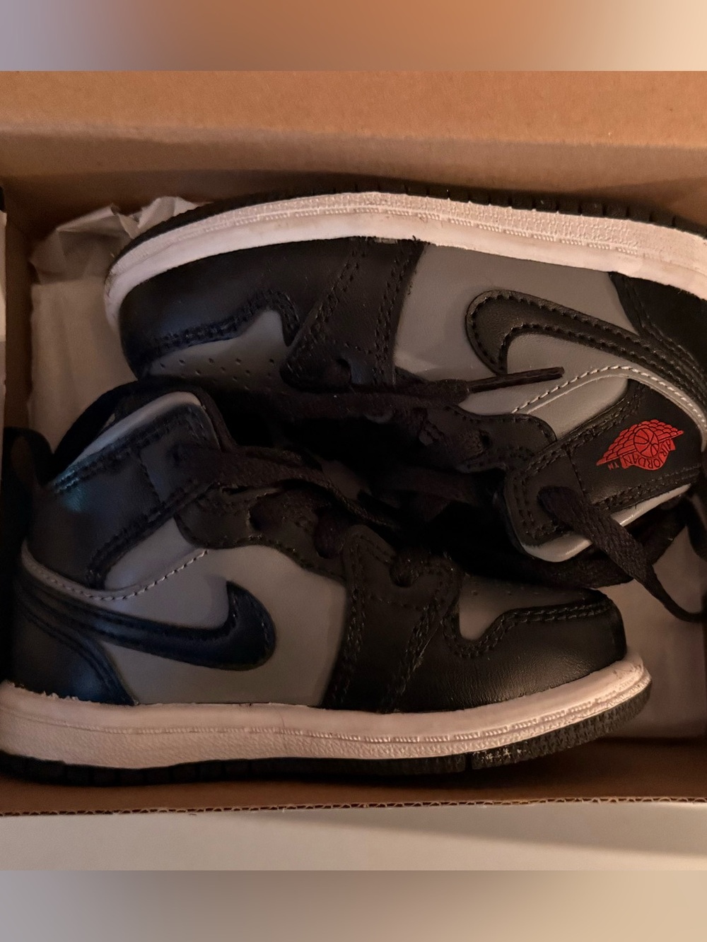 Jordan Kids Black and Gray High-Top Sneakers with Red Logo